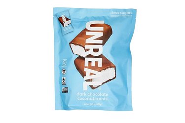 Unreal dark chocolate coconut bars bag with white background