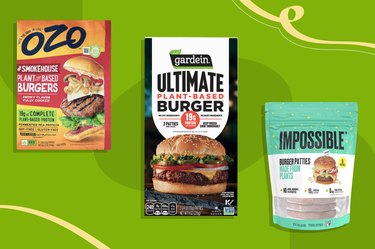 collage of the best veggie burger brands like Gardein, Impossible and Ozo