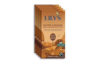 Lily's salted caramel milk chocolate bars with white background.