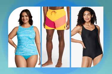 collage of the best swimsuits and swim trunks on a blue-green background