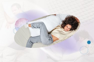 Image of person sleeping with the Pluto Puff body pillow on a white and purple background