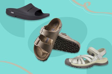a collage of some of the best sandals for plantar fasciitis on a light blue background