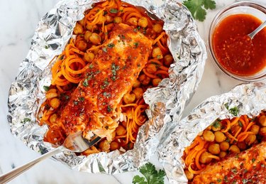 Moroccan Salmon Foil Packets With Carrot Noodles and Chickpeas