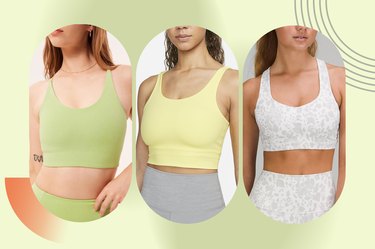 Collage of the best yoga bras on a light green background.