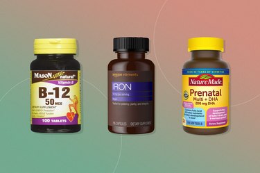 three of the best vitamins for a 20 year old female on a green and pink background