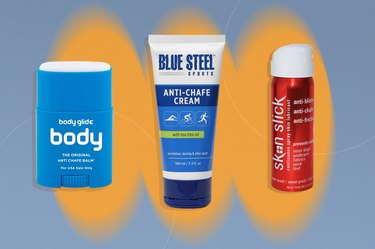 A collage of the best anti-chafe products for running and extreme sports, with a blue and yellow colorful background