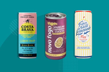 three types of canned cocktails on a blue background