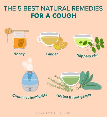 an illustration of the 5 best home remedies for a cough on a peach background