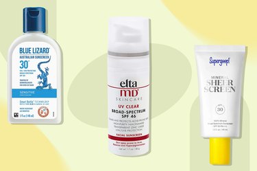 a collage of some of the best sunscreens for sensitive skin on a yellow background