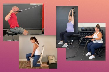 collage of the best seated exercises on a pink background