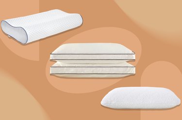a collage of some of the best cooling pillows on a light orange background