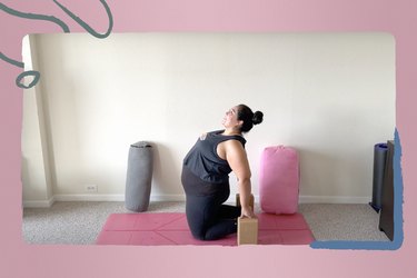 Woman doing camel pose with blocks during yoga challenge