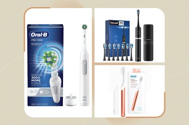 A collage of the top electric toothbrushes against a tan background