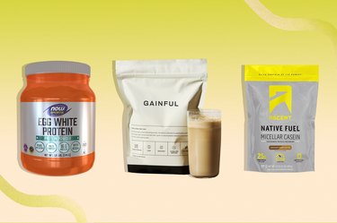 Best protein powders in a row on yellow background, including Now Foods, Gainful and Ascent