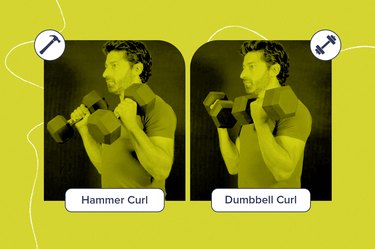 two images side by side on a yellow background of a man doing a hammer curl and a biceps curl