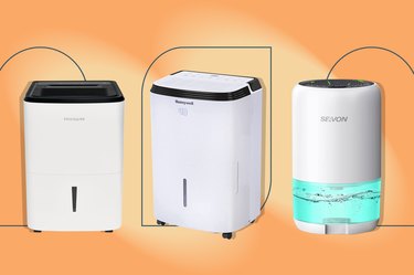 a collage of three of the best dehumidifiers on an orange background