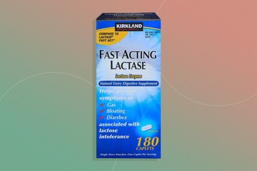 Kirkland Fast Acting Lactase, one of the best digestive enzyme supplements, on a green and pink background