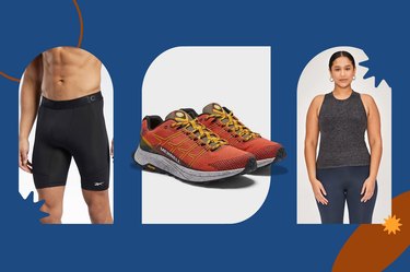 A collage of the best workout clothes on sale this Labor Day, including tops, bottoms and shoes.
