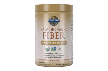 A tub of the best organic fiber supplement for constipation, Garden of Life Raw Organic Fiber
