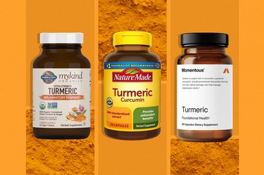 a collage of three of the best turmeric supplements on an orange background