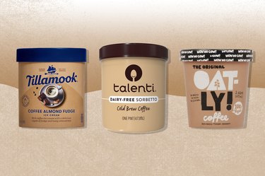 Collage of the best coffee ice cream brands including Talenti, Tillamook and Oatly