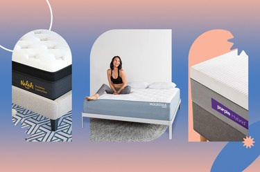 a collage of some of the best mattresses on sale for labor day, on a peach and dark blue background