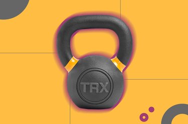 TRX kettlebell on a dark yellow background with pink and grey designs