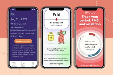 three of the best period tracker apps shown in smartphones on a peach background