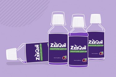 illustration of several bottles of zzzquil on a light purple background