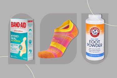 Collage of Band-Aids, socks and foot powder as the best blister care products