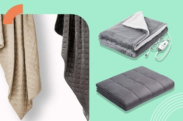 a collage of some of the best weighted blankets on a mint green background