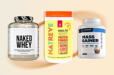 a collage of three of the best whey protein powders on a yellow background