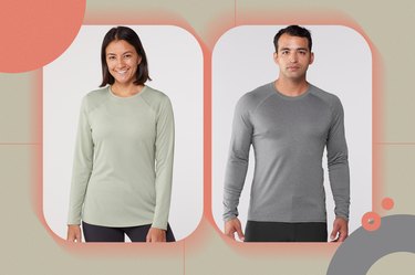 two people wearing a baselayer long-sleeve t-shirt from REI on sale now