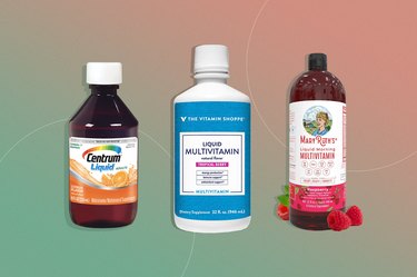 a collage of three of the best liquid multivitamins on a light green and pink background