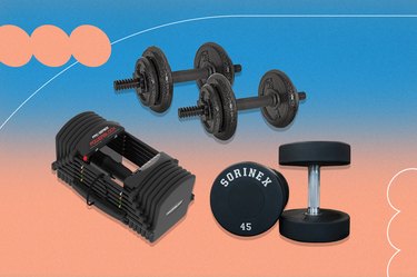 college of best dumbbells on a pink and blue background