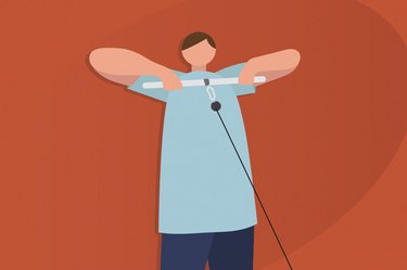 illustration of a person with short hair doing the upright cable row properly, which involves pulling a cable up to your shoulders with a rowing form