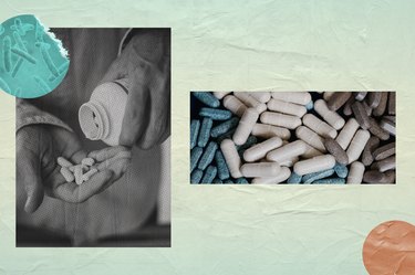 a mixed media image including probiotic pills and a person's hand pouring out white pills from a bottle, all on a light green background