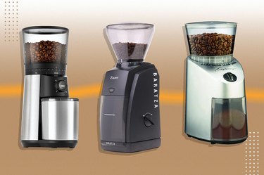 Collage of the best coffee grinder brands, including Baratza, Capresso and Oxo, over brown and white ombre background.
