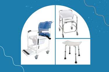 three shower chairs on a blue background
