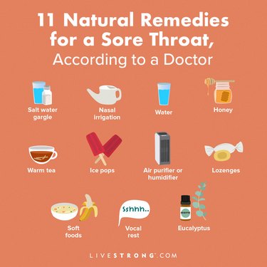 A graphic illustration of the best natural remedies for a sore throat, against an orange background.