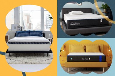 a collage of three of the best mattresses for back pain and neck pain on a yellow, blue and grey background