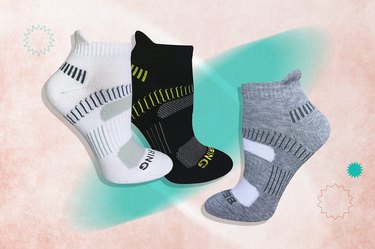 three Bering ankle socks in a foot shape on a colorful background
