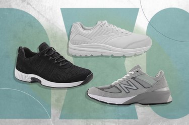 A collage of three of the best shoes for people with diabetes, including options from New Balance, Brooks and Orthofeet on a geometric teal and white background