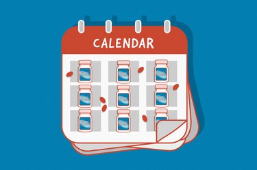 an illustration of a calendar with a bottle of stool softener on every day of the week, to represent taking a stool softener every day