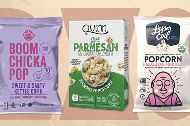 collage of the best healthy popcorn brands including Lesser Evil, Angie's and Quinn