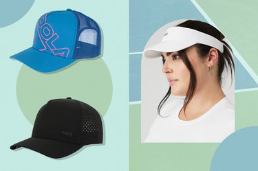 three silhouetted images of pickleball hats on a colorful green and light blue background