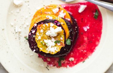 Warm Beet Salad With Feta and Blood Orange Dressing on white plate