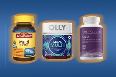 A collage of some of the best multivitamins for men against a dark blue background.