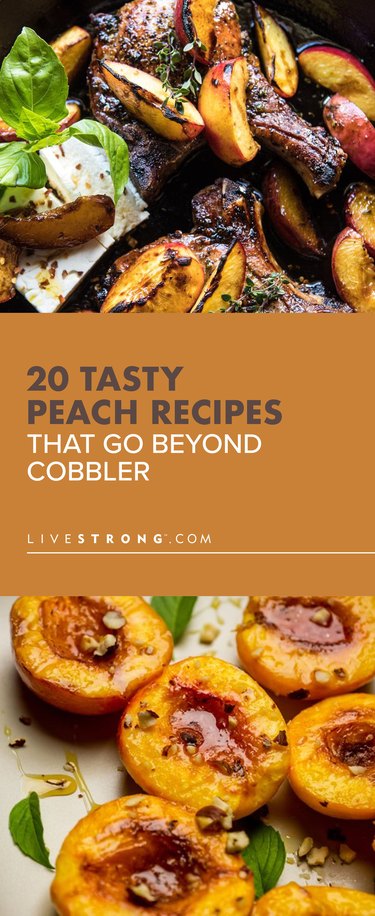 custom pin collage of delicious peach recipes like glazed peaches and balsamic pork with peaches