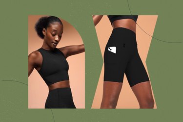 photos of a thin person wearing the On Movement Crop and Movement Tights on a green background